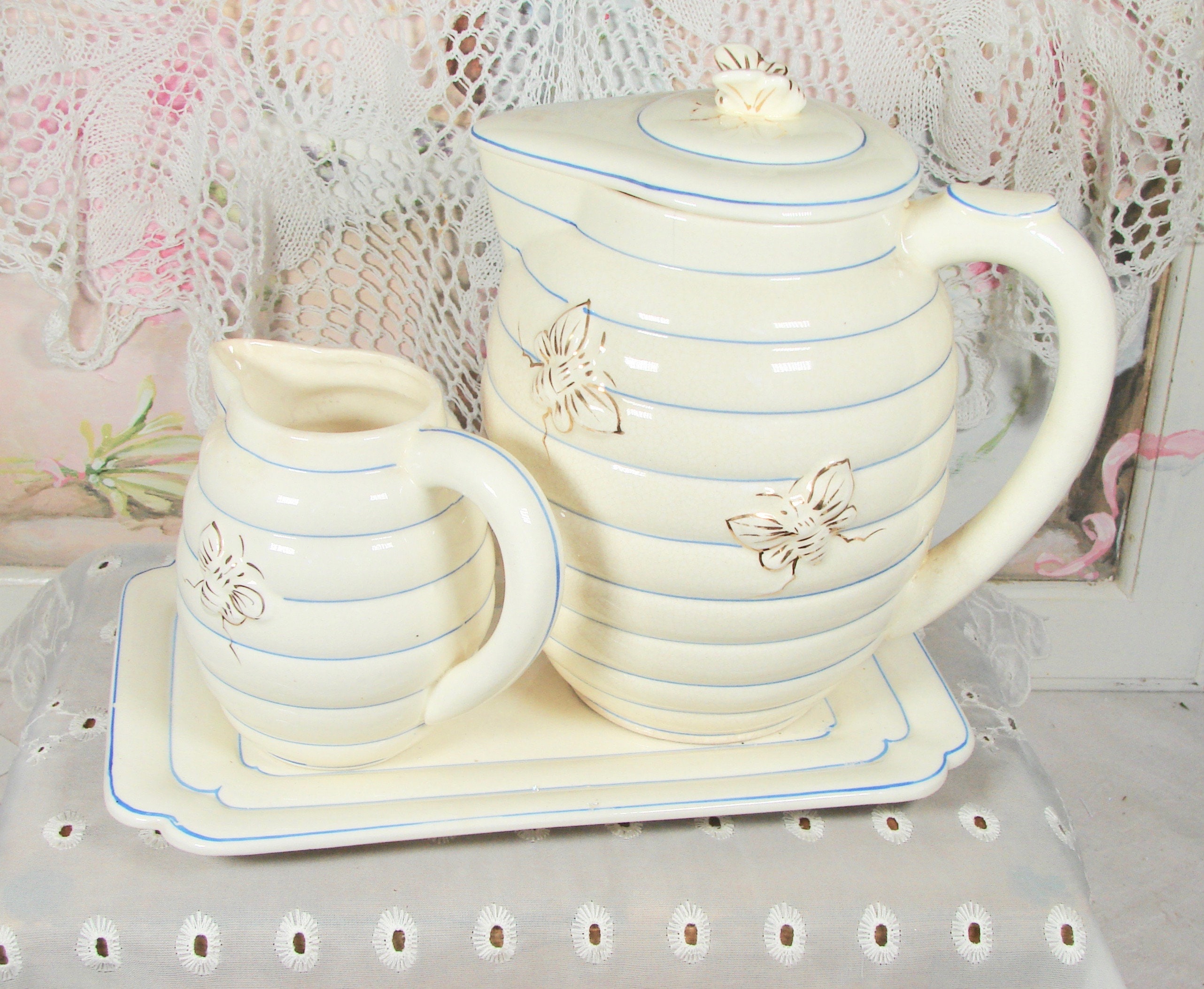 Vintage Hand-painted Moriyama Porcelain Honey Bee Pitcher and Creamer Set From 1930s Japan