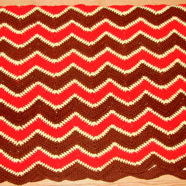 Vintage Hand Crochet Brown Orange Yellow Chevron Afghan Throw Blanket Scalloped Edge