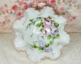 Vintage Fenton Charlton Rose Footed White Pedestal Bowl Hand-painted Ruffled, Shabby Chic