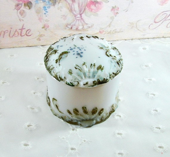 Antique Hand-painted, Edwardian Victorian Milk Glass Trinket Jar