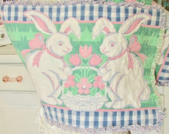 Blue Buffalo Check and Pastel Woven Easter Bunny Table Runner with Fringe