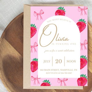 Sweet strawberry first birthday invitation, berry first birthday, girl party invite, editable Canva template, printable, instant download