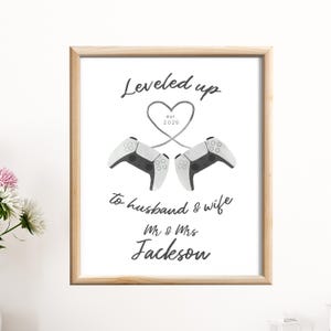 Leveled Up To Husband & Wife or Other Custom Spouse Titles | Personalized Perfect For Gamer Couples, Weddings, Anniversaries, Game Room Art