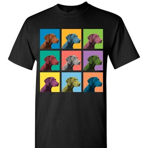 May include: A black t-shirt with a colorful pop art design featuring nine images of a German Shorthaired Pointer dog.