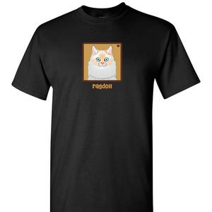 May include: Black t-shirt with a brown square featuring a white and orange ragdoll cat with blue eyes. The text "ragdoll" is below the square.