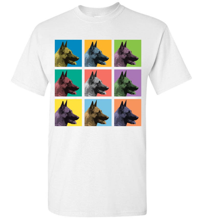 May include: A white t-shirt with a colorful pop art design of nine Belgian Malinois dogs. Each dog is shown in profile with its head turned to the side. The dogs are arranged in a 3x3 grid, with each dog in a different colored square. The colors of the squares are yellow, blue, green, red, orange, purple, pink, brown, and light blue.