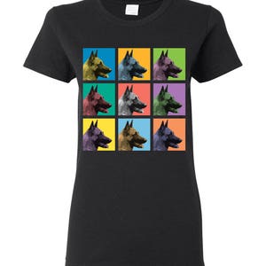 May include: Black t-shirt with a pop art design featuring nine images of a Belgian Malinois dog in different colored squares.
