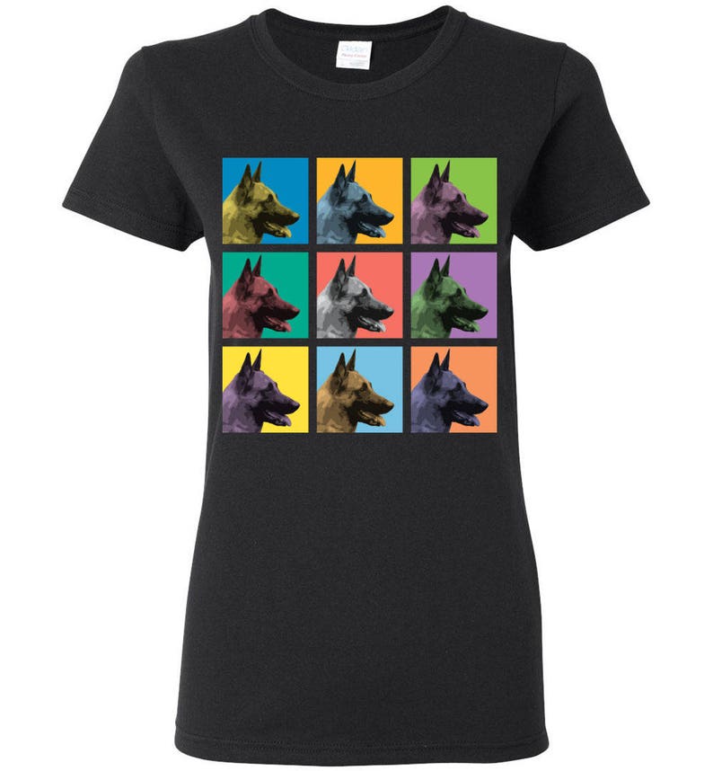 May include: Black t-shirt with a pop art design featuring nine images of a Belgian Malinois dog in different colored squares.