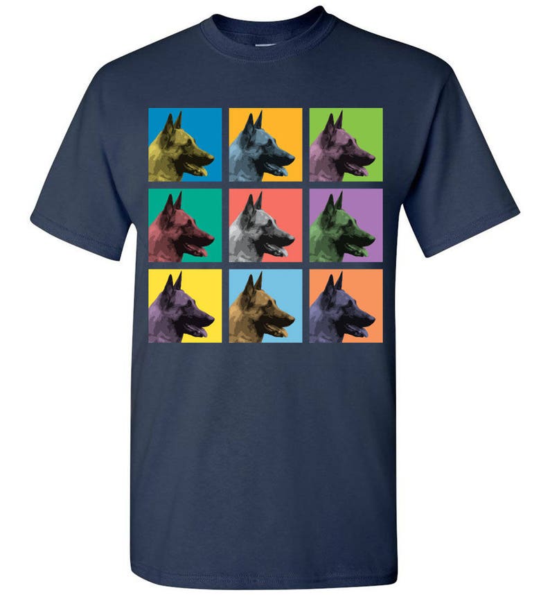 May include: A navy blue t-shirt with a pop art design featuring nine images of a Belgian Malinois dog's head in different colored squares.