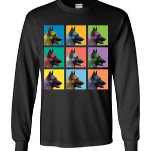 May include: A black long-sleeve t-shirt with a colorful pop art design featuring nine images of a Belgian Malinois dog's head.