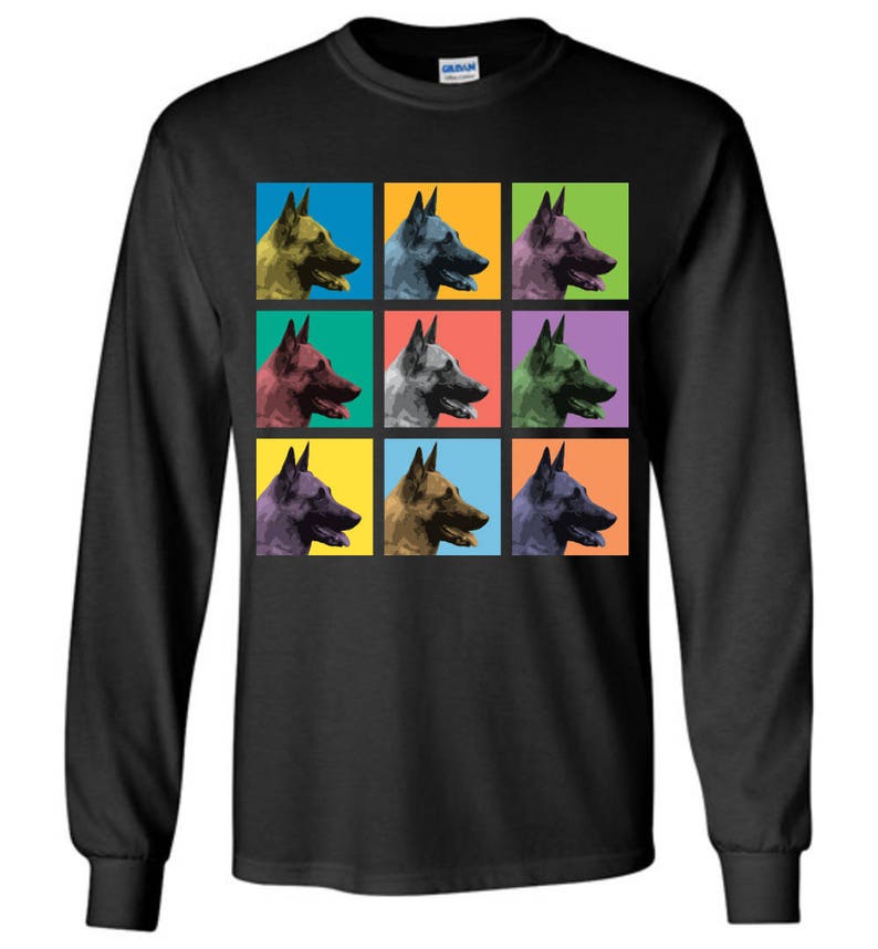 May include: A black long-sleeve t-shirt with a colorful pop art design featuring nine images of a Belgian Malinois dog's head.