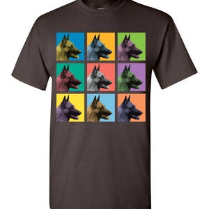 May include: A dark brown t-shirt with a colorful pop art design of nine Belgian Malinois dog heads in a grid pattern.