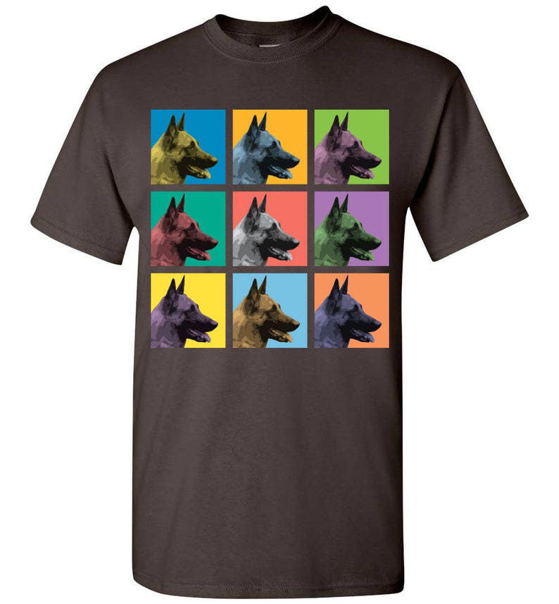 May include: A dark brown t-shirt with a colorful pop art design of nine Belgian Malinois dog heads in a grid pattern.