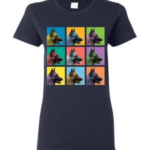 May include: A navy blue t-shirt with a pop art design featuring nine images of a Belgian Malinois dog's head in different colored squares.