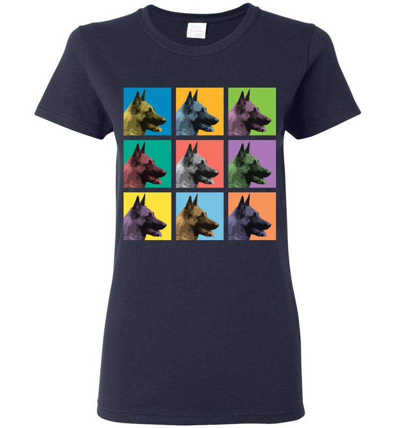 May include: A navy blue t-shirt with a pop art design featuring nine images of a Belgian Malinois dog's head in different colored squares.