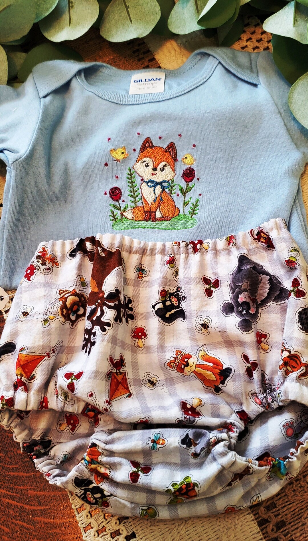 Baby Blue Onesie With Machine Embroidered Fox Matching Etsy