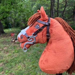 May include: A plush toy horse head in shades of orange and brown, complete with a brown bridle and silver bit. The horse has a brown mane and tail, and a white patch on its face. The toy is mounted on a wooden stick.