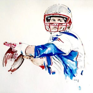 Könnte beinhalten: Aquarellmalerei eines Footballspielers in weiß-blauem Trikot, der einen Football hält. Der Spieler trägt einen grauen Helm mit rotem Gesichtsschutz. Das Kunstwerk ist signiert "Karla '19".