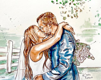 May include: A watercolor painting of a couple kissing. The bride is wearing a white dress and a veil. The groom is wearing a blue suit. The painting is set against a backdrop of a white picket fence and green foliage.