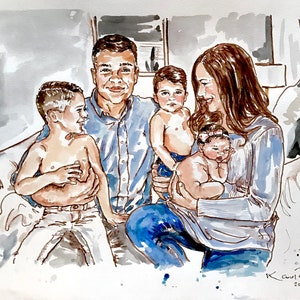 母の日、誕生日、5人家族。あなたの写真から手作りしたカスタム水彩画の肖像画、イラスト絵画。