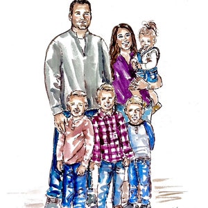 Retrato de familia Ilustración en acuarela •De foto. Arte personalizado. Niños, mamá papá. niña papá