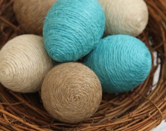 Jute Twine Eggs, Half Dozen, Complete with Nest, Natural, Ivory & Turquoise Twine, Easter Eggs, Spring Decoration, Bowl or Basket Filler