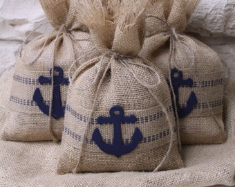 Burlap Gift Bags, Nautical Theme, Jute Webbing, Hand Painted Navy Wooden Anchor, Size 7" x 11", Baby Showers, Weddings, Beach Party, Summer.