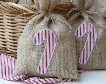 Christmas Gift Bag, Candy Cane, 7" X 11", Set of 4, Red & White Stripped Ticking, Farmhouse Christmas Wrapping, Burlap.