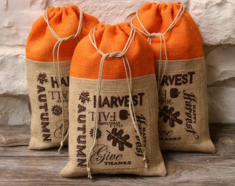 Burlap Gift bags, Set of 4, Thanksgiving, Treat Bags, Autumn, Halloween, Orange & Natural, Drawstring, Baked Goods, Packaging, Farmhouse.