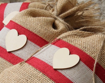 Burlap Gift Bags, Set of FOUR, Valentines Day, Wood Heart, Red and Natural, Gift Wrapping, Love, Heart, Farmhouse, Packaging, Party Supplies