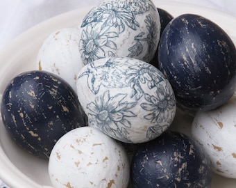 Easter Eggs, Half Dozen, Toile Bunny & Floral, Navy Blue, White, Tiered Tray Decor, Decoupage, Paper Mache Eggs, Distressed, Spring, Eggs.