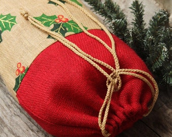 Burlap Gift Bag, Christmas, Holly, Farmhouse Christmas Wrapping, Drawstring, Red & Natural, Packaging, Christmas Gift Wrap, Reusable, green