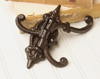 Three Swing Arm Wall Hook, Metallic Oil Rubbed Bronze, Cast Iron, Victorian Style, Farmhouse, Jewelry Hook, Organization, Hardware Included.