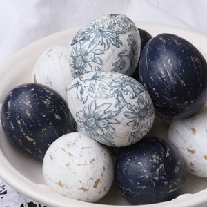 Easter Eggs, Half Dozen, Toile Bunny & Floral, Navy Blue, White, Tiered Tray Decor, Decoupage, Paper Mache Eggs, Distressed, Spring, Eggs.