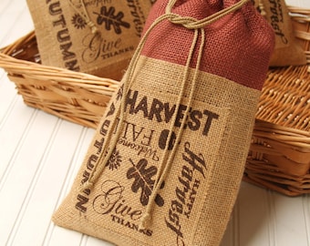 Bolsas de regalo de arpillera, juego de 4, Acción de Gracias, Bolsas de golosinas, Otoño, Halloween, Rojo óxido y natural, Cordón, Productos horneados, Embalaje, Granja.