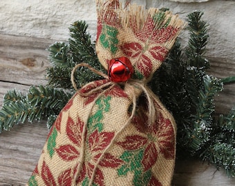 Christmas Gift Bags, Poinsettias, Set of FOUR, Burlap, Burgandy and Green, Gift Wrapping, 7" X 11" Farmhouse, Packaging, Treat Bags.
