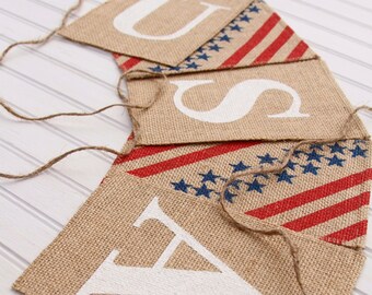 Burlap Banner, Fourth of July, Independence Day, USA, 4th of July, Bunting, Garland, Holidays, Photo Prop, Sign, Decoration, Flag, July 4th.