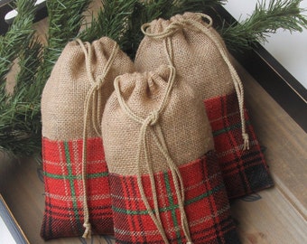 Burlap Gift bags, Set of Three, Plaid Christmas, Treat Bags, Gift Wrapping, Drawstring, Baked Goods, Farmhouse, Packaging, Party Supplies