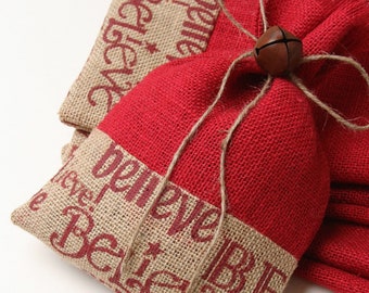 Burlap Gift Bags, Shabby Chic Christmas Wrapping, Red & Natural, Believe, Jingle Bell Tie On, Set of Four, Packaging, Farmhouse, Baked Goods