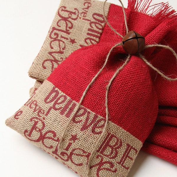 Burlap Gift Bags, Shabby Chic Christmas Wrapping, Red & Natural, Believe, Jingle Bell Tie On, Set of Four, Packaging, Farmhouse, Baked Goods