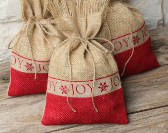 Farmhouse Set of Four Red /& Natural Jingle Bell Tie On Baked Goods Shabby Chic Christmas Wrapping Packaging Believe Burlap Gift Bags