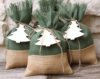 Burlap Gift Bags, Wood Christmas Tree Tag, Set of Four, Farmhouse, Shabby Chic Christmas Wrapping, Green & Natural, Packaging, Party Gift.