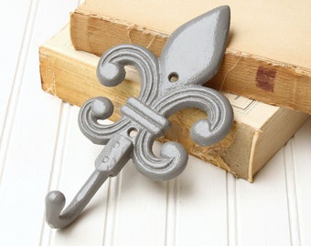 Wall Hook, Fleur De Lis, Cast Iron, Classic Gray, Hardware Included, Vintage Inspired, Farmhouse, Coat Hook, Jewelry Hook, Storage, Grey.