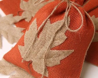 Bolsas de regalo de arpillera, juego de cuatro, diseño de hojas, otoño, Acción de Gracias, bolsas de golosinas, otoño, Halloween, granja, embalaje, embalaje de productos horneados.