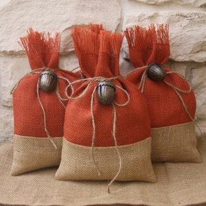 Burlap Gift Bags, Fall, Thanksgiving, Treat Bags, Set of Four, Autumn, Halloween, Orange, Natural Burlap, Metal Acorn Bell Tie On, Farmhouse