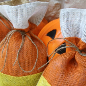 Burlap Gift bags, Halloween, Candy Corn, Thanksgiving, Farmhouse, Set of FOUR, As seen in Country Living October 2014 Treat Bags, Orange. image 2