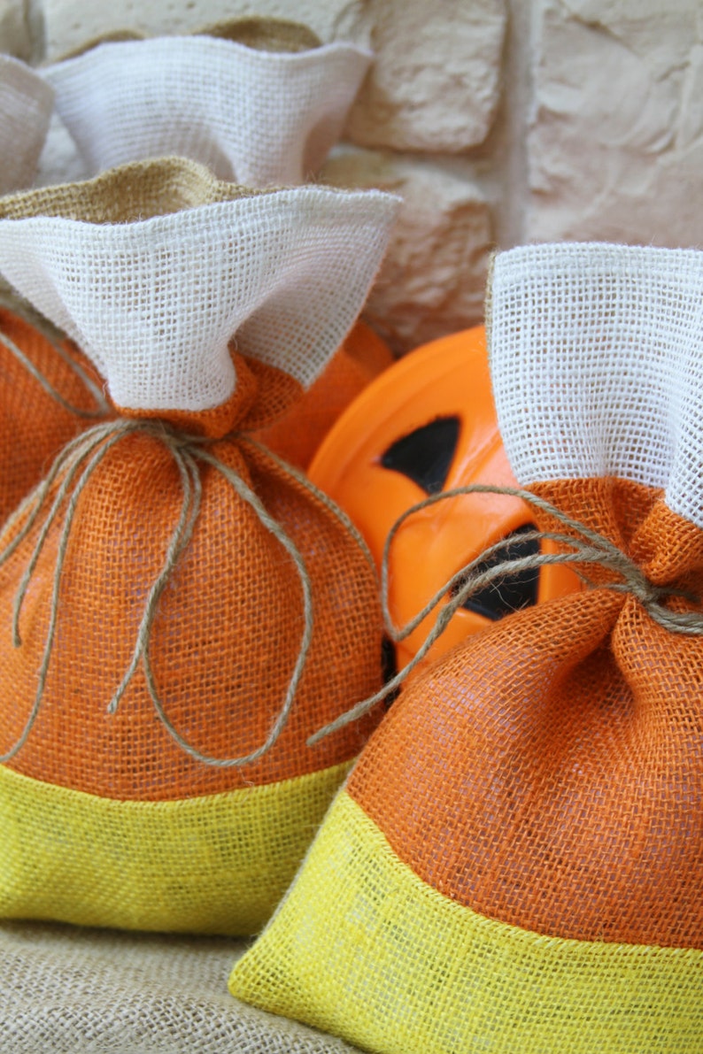 Burlap Gift bags, Halloween, Candy Corn, Thanksgiving, Farmhouse, Set of FOUR, As seen in Country Living October 2014 Treat Bags, Orange. image 2