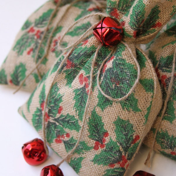 Burlap Gift Bags, Set of FOUR, Christmas Holly, Red Jingle Bell Tie On, Shabby Chic Wrapping, Red, Green and Natural, Size: 7" x  11"