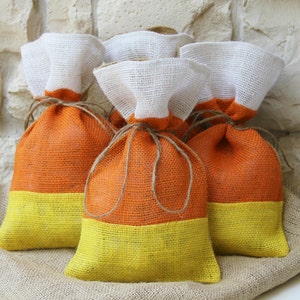 Burlap Gift bags, Halloween, Candy Corn, Thanksgiving, Farmhouse, Set of FOUR, As seen in Country Living October 2014! Treat Bags, Orange.