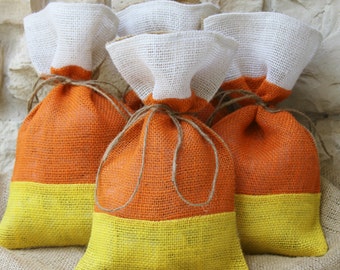 Burlap Gift bags, Halloween, Candy Corn, Thanksgiving, Farmhouse, Set of FOUR, As seen in Country Living October 2014! Treat Bags, Orange.